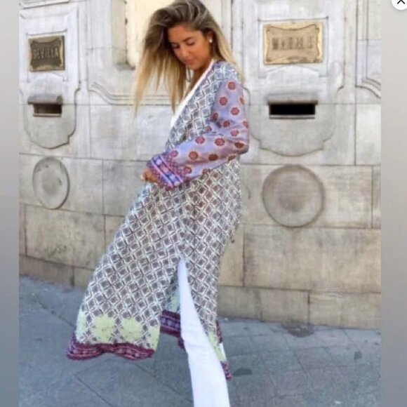 ZARA Block Print Design Purple Kimono Dress M-L - Picture 1 of 12
